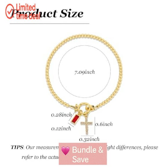 Gold Beaded Stretch Bracelet with Cross Charm & Birthstone, 9.45" - Picture 7 of 8